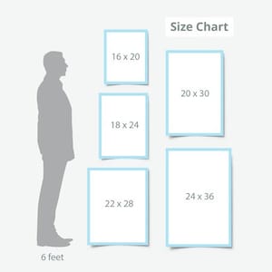 May include: Size chart showing different print sizes for wall art. The chart shows a person standing next to the different sizes, with measurements in inches. The sizes are 16 x 20, 18 x 24, 20 x 30, 22 x 28, and 24 x 36.