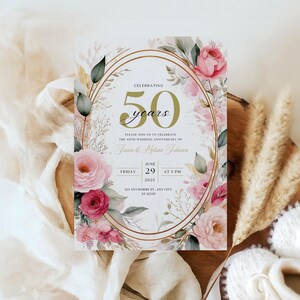 May include: A gold and white wedding anniversary invitation with pink and white floral illustrations. The invitation reads "Celebrating 50 years" and includes the date "June 29, 2025" and time "at 5 PM".