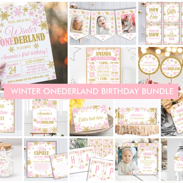 Winter Onederland Birthday Party Decorations: Pink & Gold Snowflakes (Editable Template)