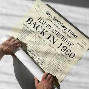 May include: A vintage newspaper-style poster with the headline "Happy Birthday! Back in 1960." The poster features a timeline of events from 1960, including sports highlights, slang, fashion trends, and notable births. The poster is a fun and unique way to celebrate a 60th birthday.