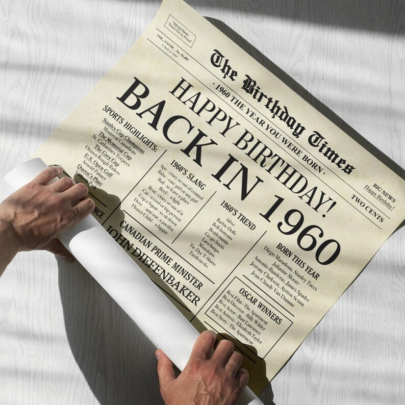 May include: A vintage newspaper-style poster with the headline "Happy Birthday! Back in 1960." The poster features a timeline of events from 1960, including sports highlights, slang, fashion trends, and notable births. The poster is a fun and unique way to celebrate a 60th birthday.