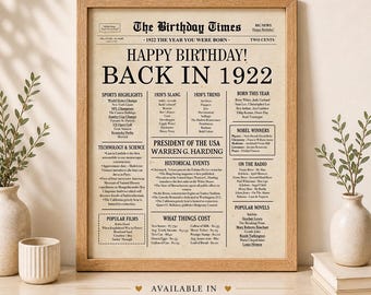 1922 Birthday Newspaper Poster, Back in 1922 Sign, Instant Download Vintage Birthday Decor, Digital File