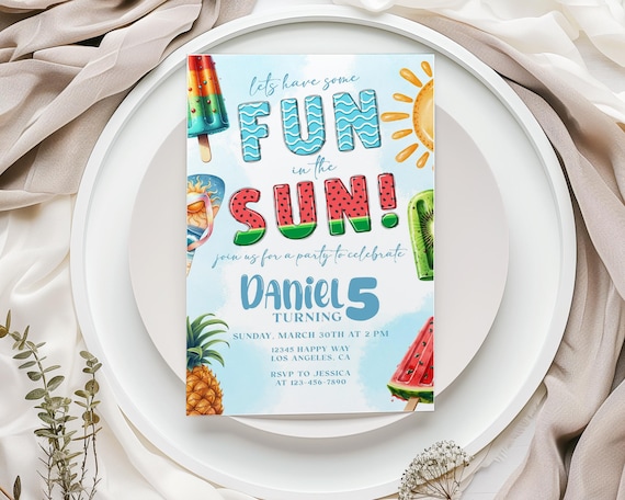 Summer Birthday Invitation: Fun in the Sun, Popsicle & Watermelon (Editable Template)
