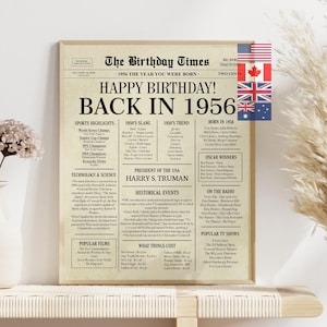 May include: A framed print designed to resemble a 1956 newspaper, titled "The Birthday Times." The headline reads "Happy Birthday! Back in 1956." The print features sections on sports, slang, trends, and historical events from that year.