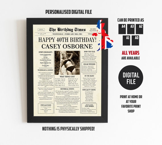 40th Birthday NEWSPAPER Poster 40th Birthday Gifts for Women Etsy