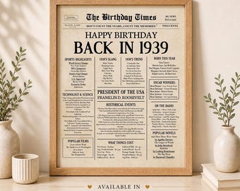 Poster di compleanno del 1939, Cartello "Back in 1939", Decorazione di compleanno vintage con download immediato, File digitale