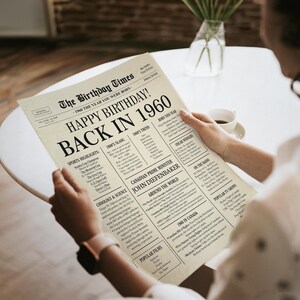 May include: A vintage newspaper-style poster with the headline "Happy Birthday! Back in 1960." The poster lists notable events, sports highlights, and popular culture from the year 1960.