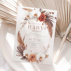 Terracotta baby shower invitation boho floral editable Canva template neutral baby shower evite tropical desert baby girl printable download