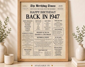 Giornale di compleanno del 1947, Poster "Back in 1947", Decorazione di compleanno vintage con download immediato, File digitale