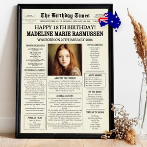 18th birthday gifts for girl or boy, 18th birthday newspaper sign,  2006 birthday poster, 18 years ago back in 2006, 18th birthday Australia