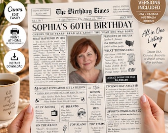 60th Birthday Editable Newspaper Canva Template 1966 Birthday Times Infographic Printable Gift 60 Year Old Present Party Poster Decoration