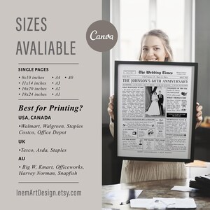 May include: A framed black and white poster titled The Wedding Times, The Johnson's 60th Anniversary, featuring a photograph of a couple, historical facts from 1964, and a list of available print sizes including 8x10, 11x14, 16x20, and 18x24 inches.