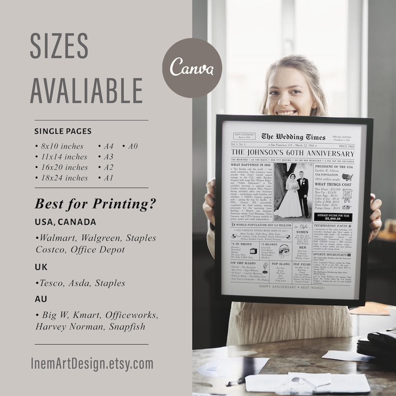 May include: A framed black and white poster titled The Wedding Times, The Johnson's 60th Anniversary, featuring a photograph of a couple, historical facts from 1964, and a list of available print sizes including 8x10, 11x14, 16x20, and 18x24 inches.