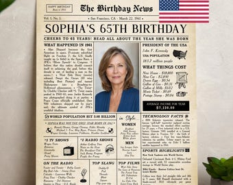 65th Birthday Personalized Newspaper Poster, USA 1961 Facts (Digital Download)