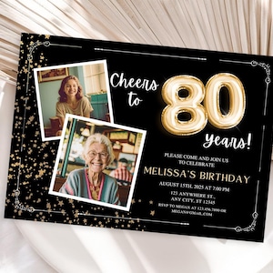 Convite de aniversário de 80 anos com foto para mulheres adultas, convite para festa de 80 anos, preto e dourado, cartão para vovó, modelo Canva