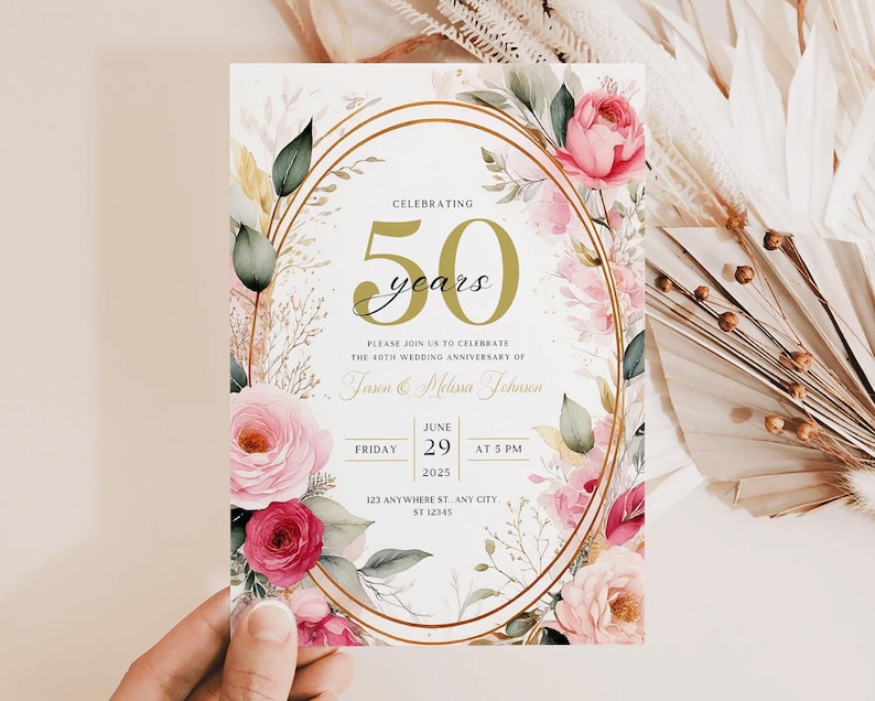 May include: A white wedding anniversary invitation with gold accents and pink floral illustrations. The invitation reads "Celebrating 50 years" and includes the date "June 29, 2025" and the time "At 5 PM".