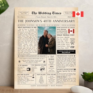May include: A retro newspaper page from 1986, "The Wedding Times," marks "The Johnson's 40th Anniversary." It features a couple's photo, news, and prices from that year. A Canadian flag is visible in the top right corner of the page.