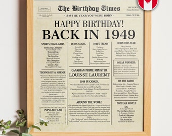 Back in 1949 CANADA | 75th Birthday Newspaper Sign Canadian | 1949 Birthday Poster | 75th Birthday Gift | 75 years ago back in 1949