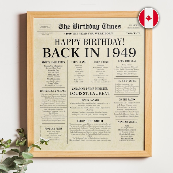 Back in 1949 CANADA | 75th Birthday Newspaper Sign Canadian | 1949 Birthday Poster | 75th Birthday Gift | 75 years ago back in 1949