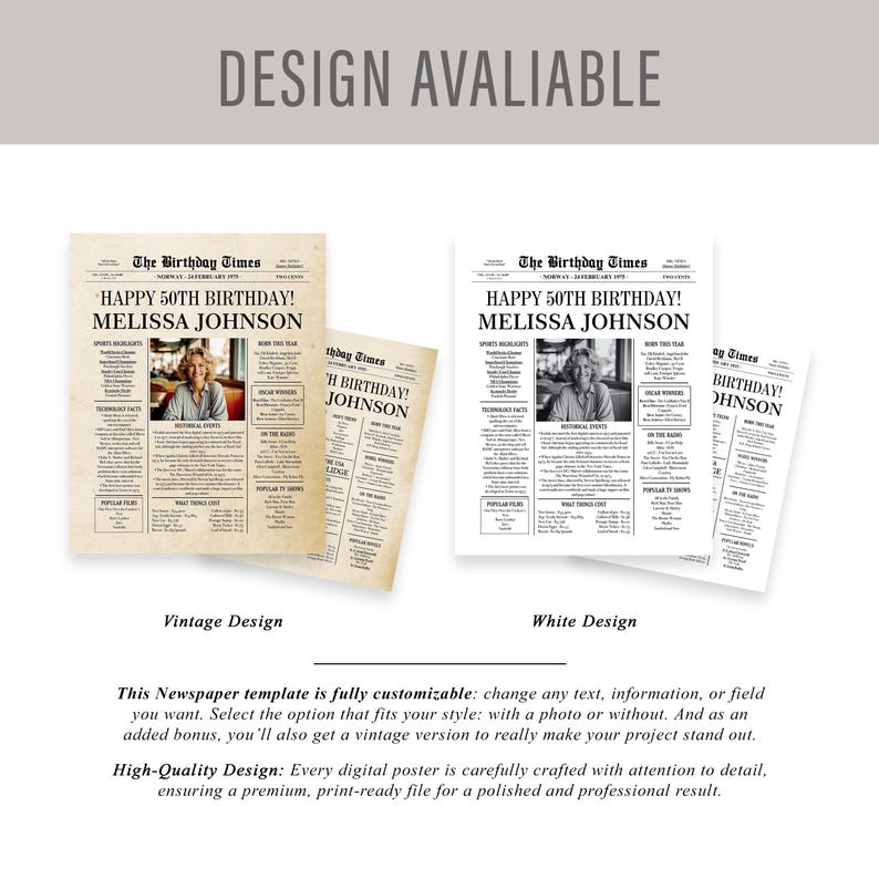 50th Birthday Newspaper Poster: 1975 Vintage Canva Template (Digital) image 6