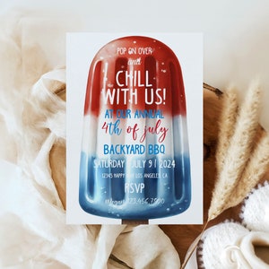 May include: Red, white, and blue popsicle-shaped invitation for a 4th of July backyard BBQ. The invitation reads "Pop on over and chill with us! At our annual 4th of July Backyard BBQ. Saturday July 9, 2024. 12345 Happy Way Los Angeles CA. RSVP Megan 123.456.7990"
