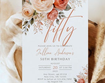 May include: A floral birthday invitation with peach and pink flowers. The invitation reads "Please join us to celebrate Jullian Anderson's 50th Birthday. Saturday, August 20 at 2:00 PM, 2025. Any Street, apt #1234, New City, OK 12345. RSVP to Julian at 123.456.7890 by August 5th."