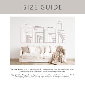 May include: A size guide chart for digital posters featuring various aspect ratios and dimensions in inches, including 2:3, 3:4, 4:5, and A1-A4 ISO formats. The text reads: SIZE GUIDE, Flexible Digital Sizes, and High-Quality Design.