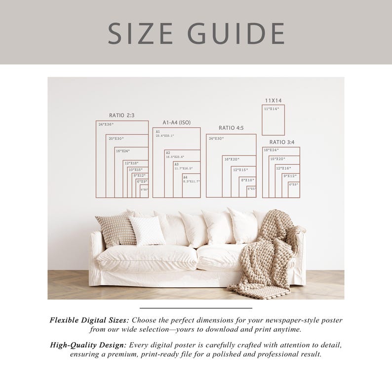 May include: A size guide chart for digital posters featuring various aspect ratios and dimensions in inches, including 2:3, 3:4, 4:5, and A1-A4 ISO formats. The text reads: SIZE GUIDE, Flexible Digital Sizes, and High-Quality Design.
