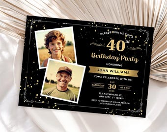 Invito per il 40° compleanno: invito fotografico nero e oro, modello Canva (download digitale 5 x 7 pollici)