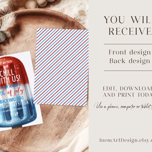 May include: Editable 4th of July party invitation featuring a red, white, and blue popsicle graphic with the text "Chill with us!" and "At our annual 4th of July backyard BBQ".