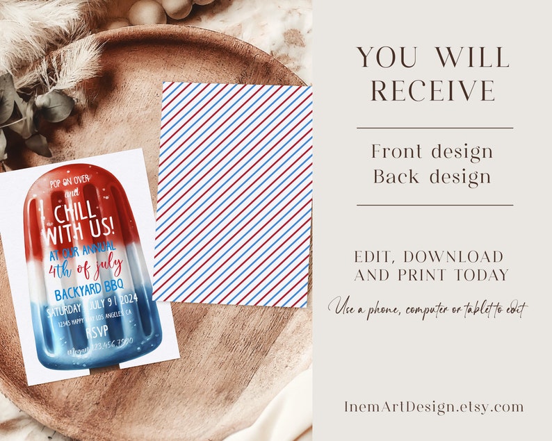 May include: Editable 4th of July party invitation featuring a red, white, and blue popsicle graphic with the text "Chill with us!" and "At our annual 4th of July backyard BBQ".