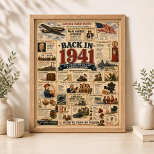 Puede incluir: Un póster enmarcado de estilo vintage titulado "Back in 1941" con varias ilustraciones y texto sobre la vida estadounidense, los precios y la cultura pop durante ese año. El póster incluye imágenes de un avión, la bandera estadounidense y una gasolinera.