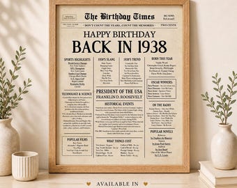 1938 Birthday NEWSPAPER Style Poster, Party Decoration With 1938 ...