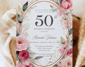 50th Birthday Invitation: Blush Pink Floral, Elegant Party Template (Digital Canva Template)