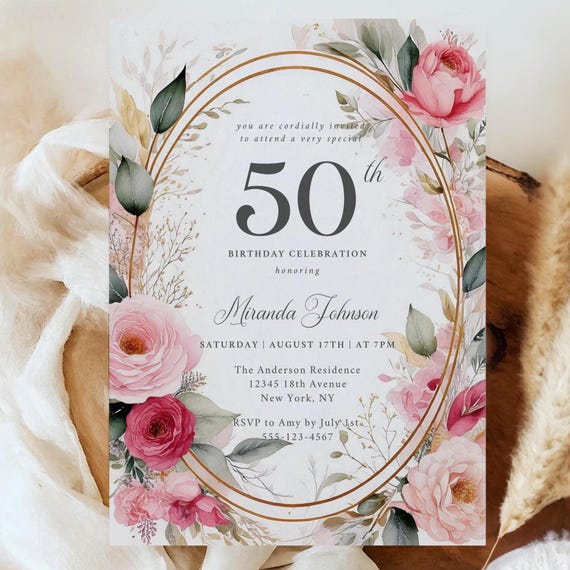 50th Birthday Invitation: Blush Pink Floral, Elegant Party
