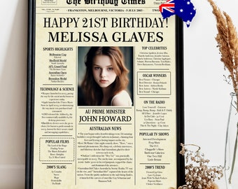 21st Birthday NEWSPAPER Poster Sign with Australian facts, Back In 2003, 21st birthday party sign, Birthday Gift Ideas for him or her