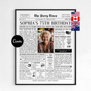Redigerbar tidningsmall för 75-årsdag, Canvasmall, infografik för födelsedagstider från 1951, utskrivbar present, 75-årspresent, festaffisch, dekoration