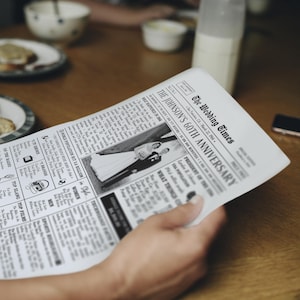 May include: A white paper print titled The Wedding Times, celebrating a 60th anniversary. The document features black text and a central black and white photograph of a couple in wedding attire, surrounded by columns of historical facts from 1966.