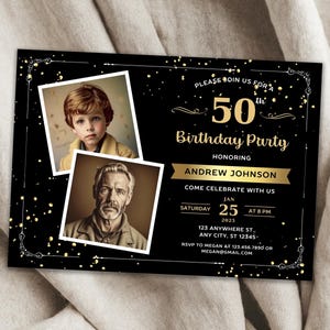 50. Geburtstagseinladung mit Foto | Fotoeinladung Erwachsene Geburtstag | Herren Geburtstag Schwarz Gold Querformat Einladungskarte | Canva Vorlage