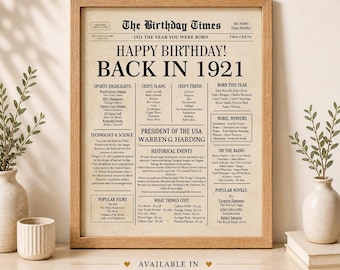 1921 Birthday Newspaper Poster, Back in 1921 Sign, Instant Download Vintage Birthday Decor, Digital File