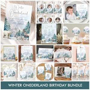 Pacchetto di inviti per il primo compleanno di Winter Onerderland Boy, set di decorazioni per inviti per la prima festa di Natale Winter Wonderland, modello Corjl modificabile - i132