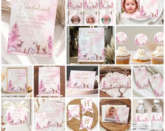 May include: A pink and gold Winter Wonderland themed birthday party printable bundle. The bundle includes invitations, food labels, cupcake toppers, water bottle labels, and more. The design features a watercolor background with a white polar bear, penguins, and a deer.
