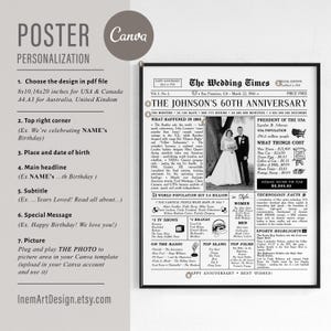 May include: A black and white newspaper-style poster titled The Wedding Times, featuring a 60th anniversary headline, a central photograph of a couple, and various columns detailing historical facts, pop culture, and statistics from the year 1966.