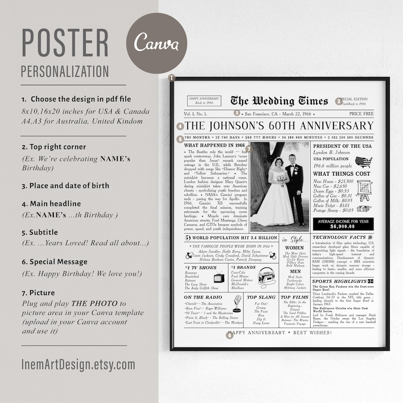 May include: A black and white newspaper-style poster titled The Wedding Times, featuring a 60th anniversary headline, a central photograph of a couple, and various columns detailing historical facts, pop culture, and statistics from the year 1966.