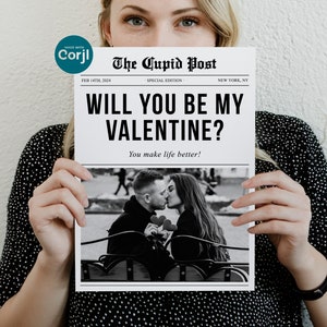 Periódico Valentines Cupid Post, Plantilla de periódico del Día de San Valentín, ¿Serás mi San Valentín, envoltura de flores imprimible, plantilla Corjl editable?