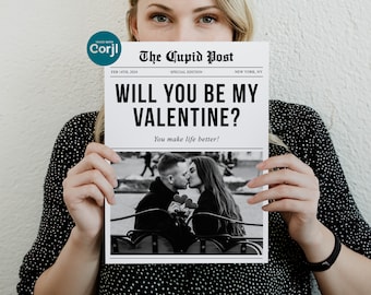 Valentines Cupid Post Newspaper, Valentises Day Newspaper Template, Will You Be My Valentine, Printable Flower Wrap, Editable Corjl Template