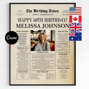50th Birthday Newspaper Poster: 1975 Vintage Canva Template (Digital) image 1