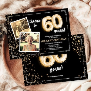 60.Geburtstags-Einladung mit Foto 60. Geburtstagseinladung 60. Geburtstags-Einladung Schwarz und Gold für Oma Canva Template