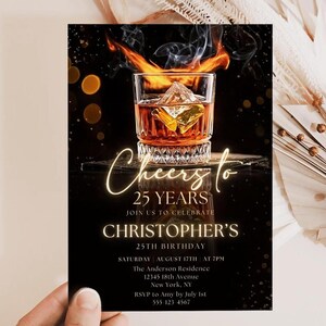 May include: A black invitation with gold text for a 25th birthday party. The invitation features a glass of whiskey with ice on fire against a black background. The text reads "Cheers to 25 Years Join us to Celebrate Christopher's 25th Birthday Saturday August 17th at 7pm The Anderson Residence 12345 18th Avenue New York, NY RSVP to Amy by July 1st 555 123 4567"