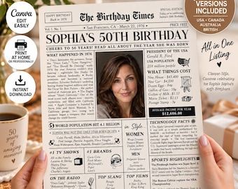 50th Birthday Editable Newspaper Canva Template 1976 Birthday Times Infographic Printable Gift 50 Year Old Present Party Poster Decoration
